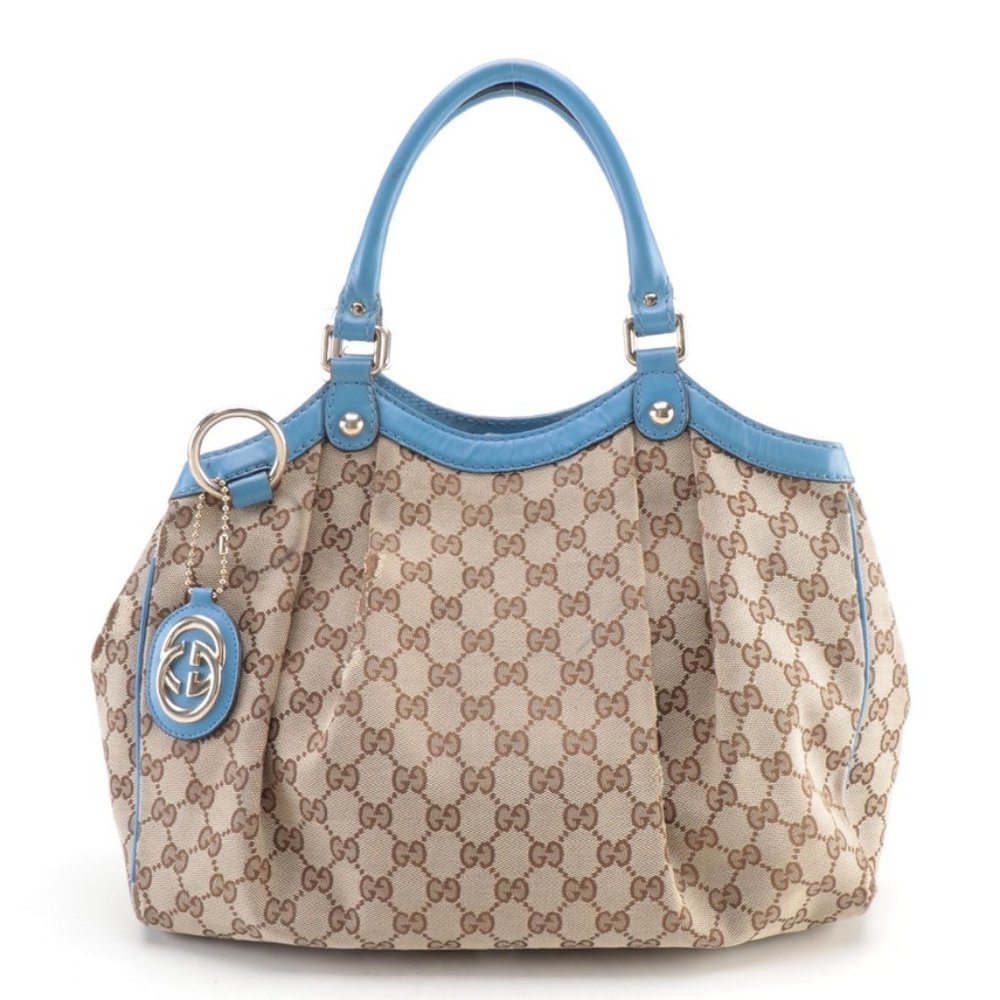 Gucci Sukey Tote Bag in GG Canvas and Blue Leather Trim